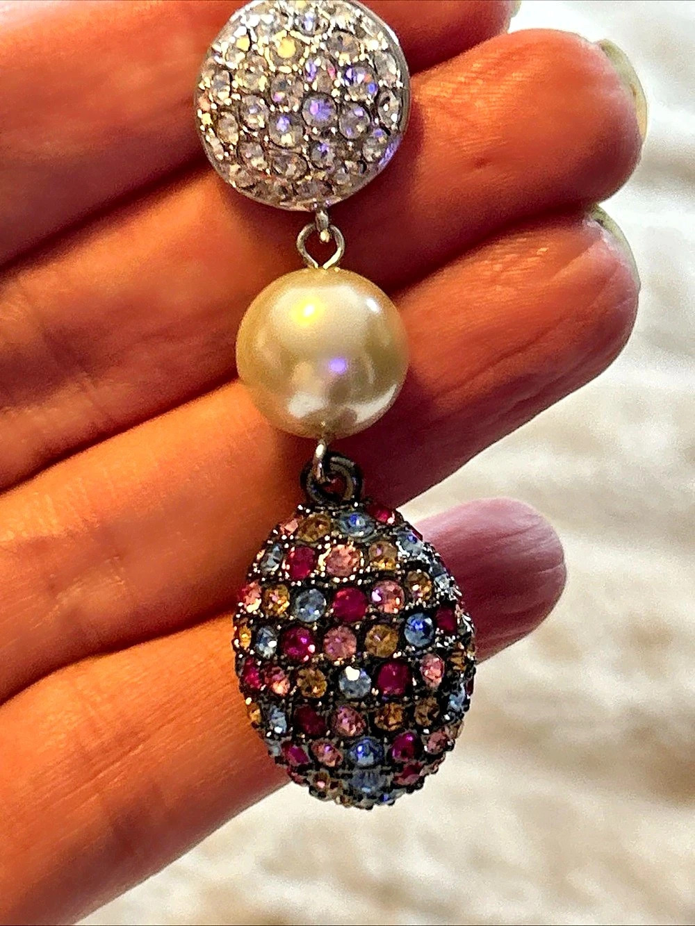 JB China Joan Boyce Multi Color Pave Crystal Faux Pearl Earrings Sparkly Class